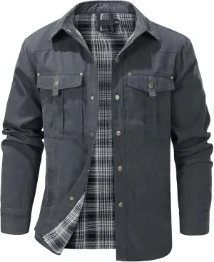 Men's flannel lined shirt jacket Lightweight snap western denim shirt jacket Short coat Vintage snap western jacket