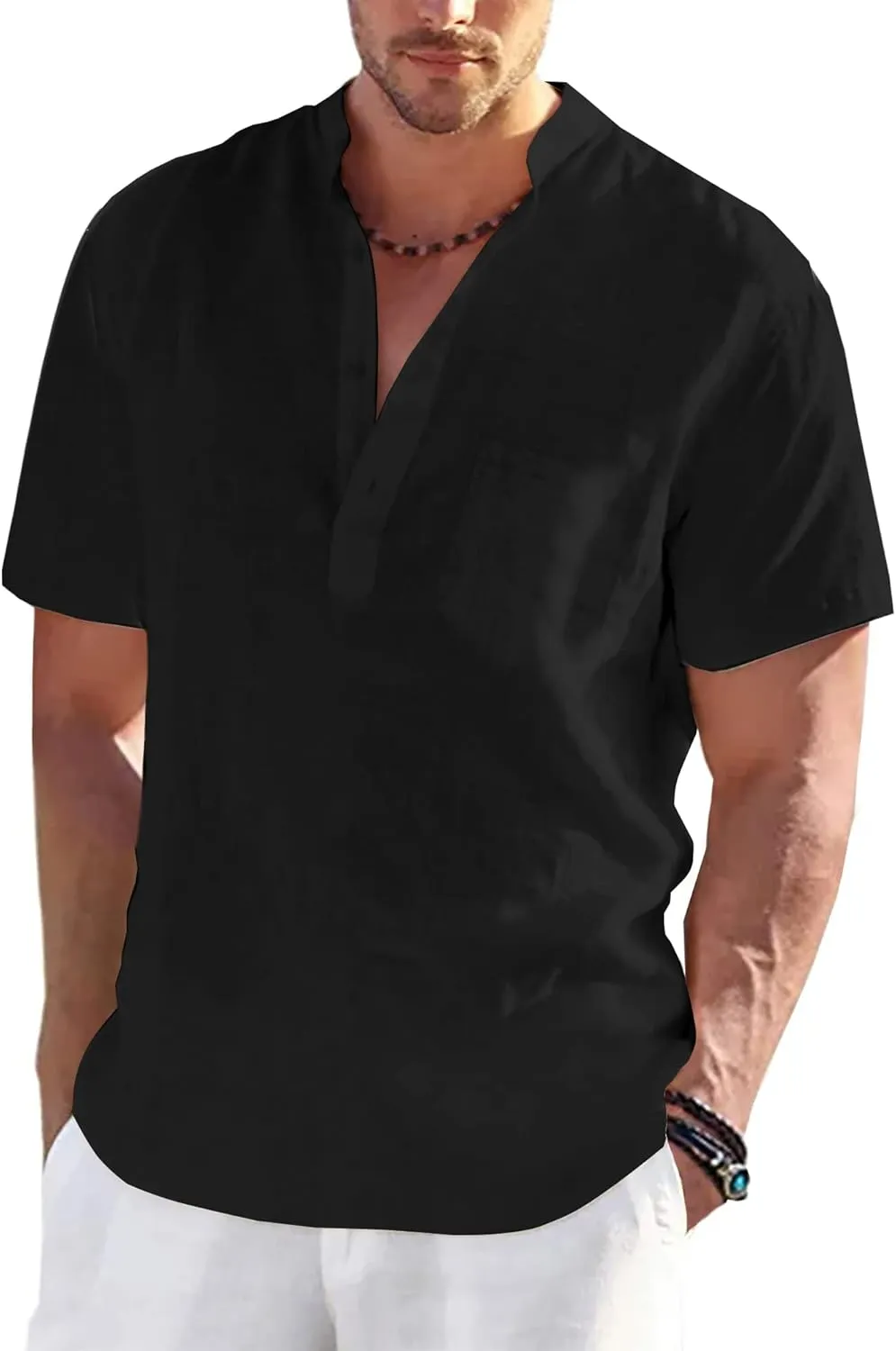 Men's Henley Shirt Summer Causal Shot Sleeve Hippie Beach T Shirt Band Collar Lightweight Yoga Tee Tops