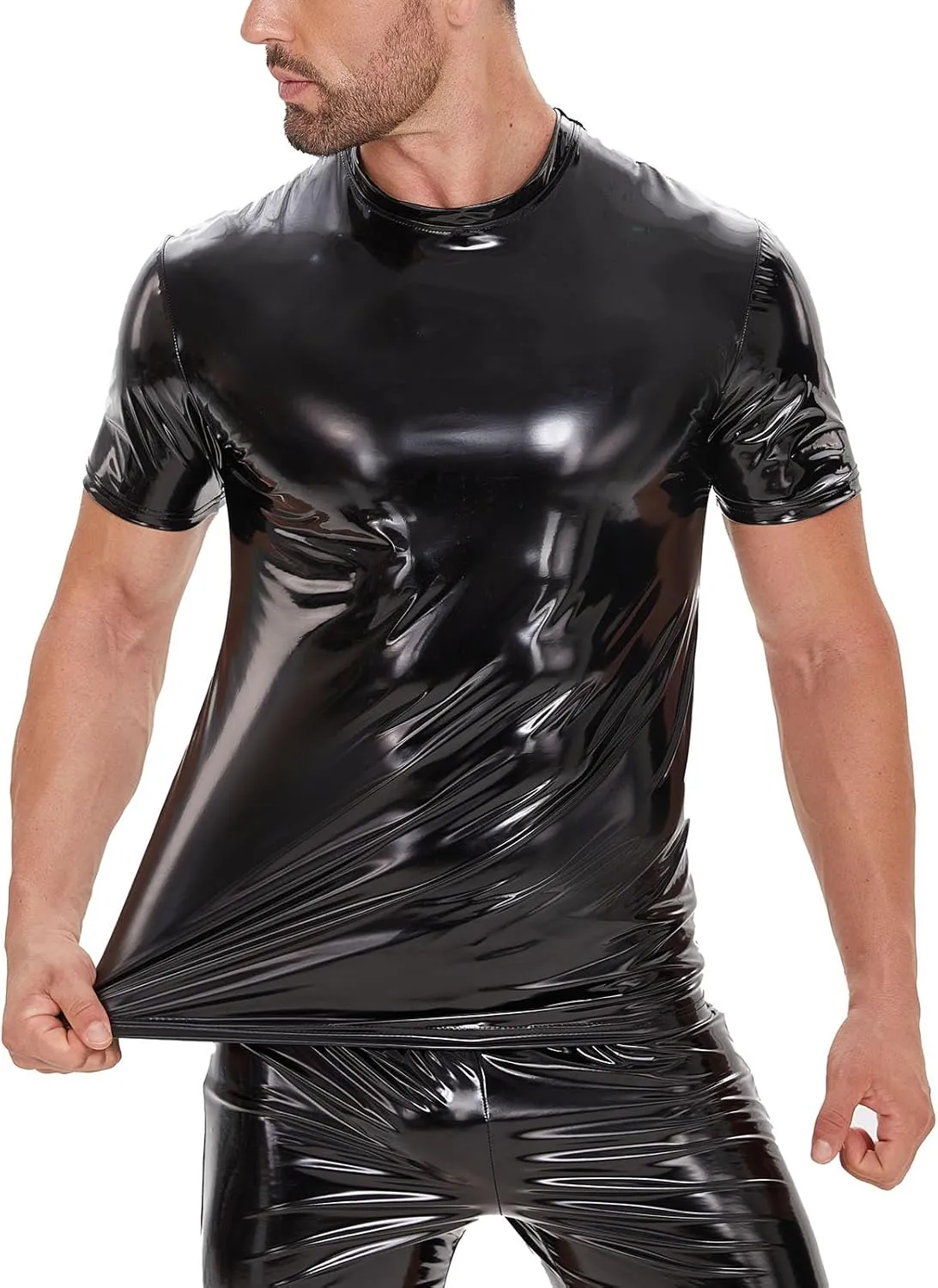 Men's Leather T-Shirt, Metallic Shiny Latex Black Short Sleeve Shirt Wetlook Tshirt Tops,Round Neck