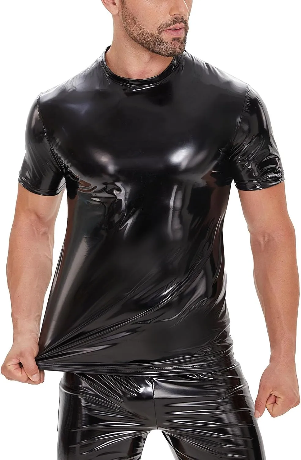 Men's Leather T-Shirt, Metallic Shiny Latex Black Short Sleeve Shirt Wetlook Tshirt Tops,Round Neck