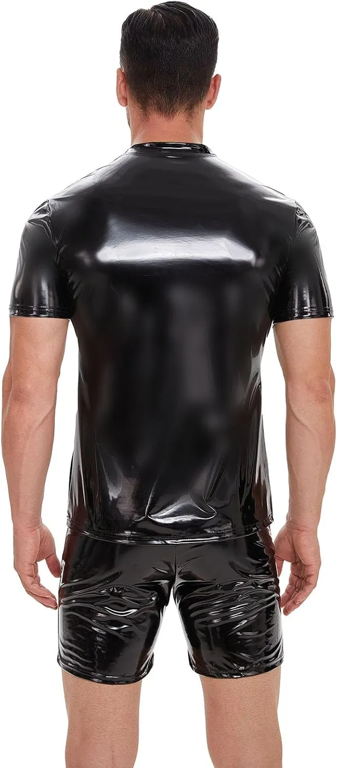 Men's Leather T-Shirt, Metallic Shiny Latex Black Short Sleeve Shirt Wetlook Tshirt Tops,Round Neck