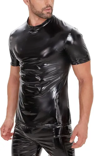 Men's Leather T-Shirt, Metallic Shiny Latex Black Short Sleeve Shirt Wetlook Tshirt Tops,Round Neck