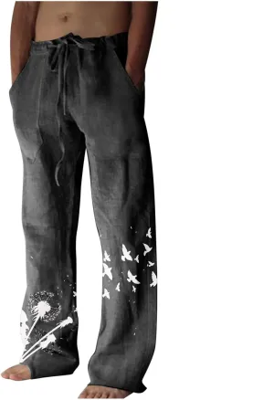 Mens Linen Wide Leg Pants Casual Drawstring Summer Beach Pants Elastic Waist Lounge Trousers with Pockets