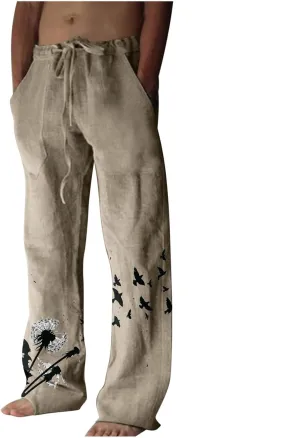 Mens Linen Wide Leg Pants Casual Drawstring Summer Beach Pants Elastic Waist Lounge Trousers with Pockets