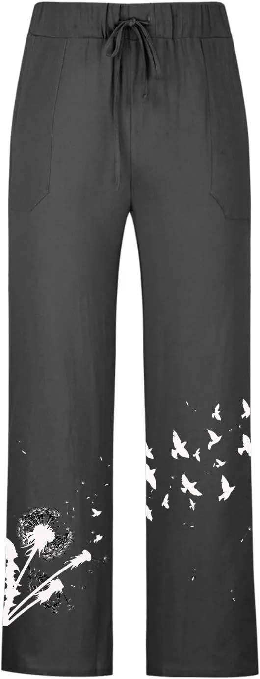 Mens Linen Wide Leg Pants Casual Drawstring Summer Beach Pants Elastic Waist Lounge Trousers with Pockets