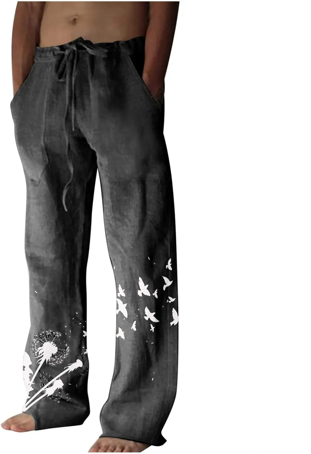 Mens Linen Wide Leg Pants Casual Drawstring Summer Beach Pants Elastic Waist Lounge Trousers with Pockets