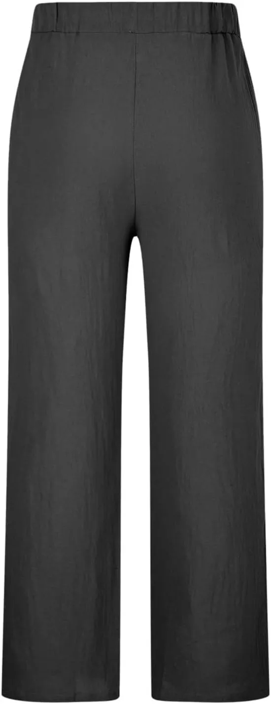 Mens Linen Wide Leg Pants Casual Drawstring Summer Beach Pants Elastic Waist Lounge Trousers with Pockets