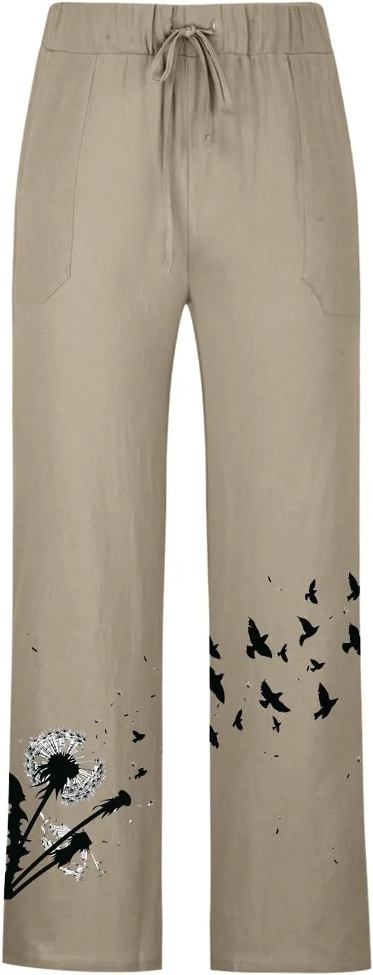 Mens Linen Wide Leg Pants Casual Drawstring Summer Beach Pants Elastic Waist Lounge Trousers with Pockets