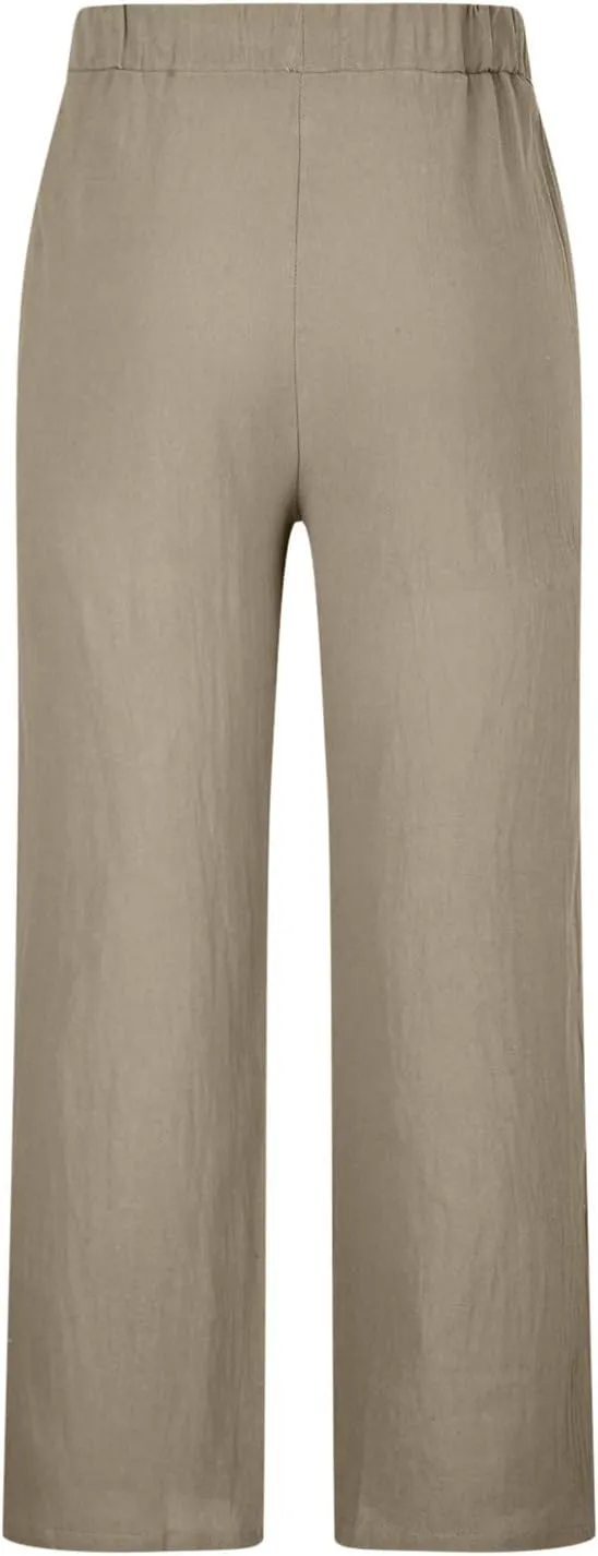 Mens Linen Wide Leg Pants Casual Drawstring Summer Beach Pants Elastic Waist Lounge Trousers with Pockets