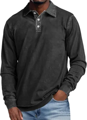 Men's Long Sleeve Polo Shirts Distressed Washed Cotton T-Shirt Lightweight Casual Button Collared Shirt Top