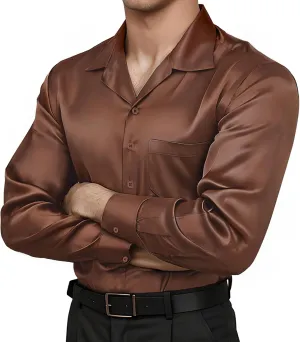Mens Luxury Satin Silk Dress Shirts Wrinkle Free Casual Button Down Long Sleeve Shirt Prom Wedding Shirt