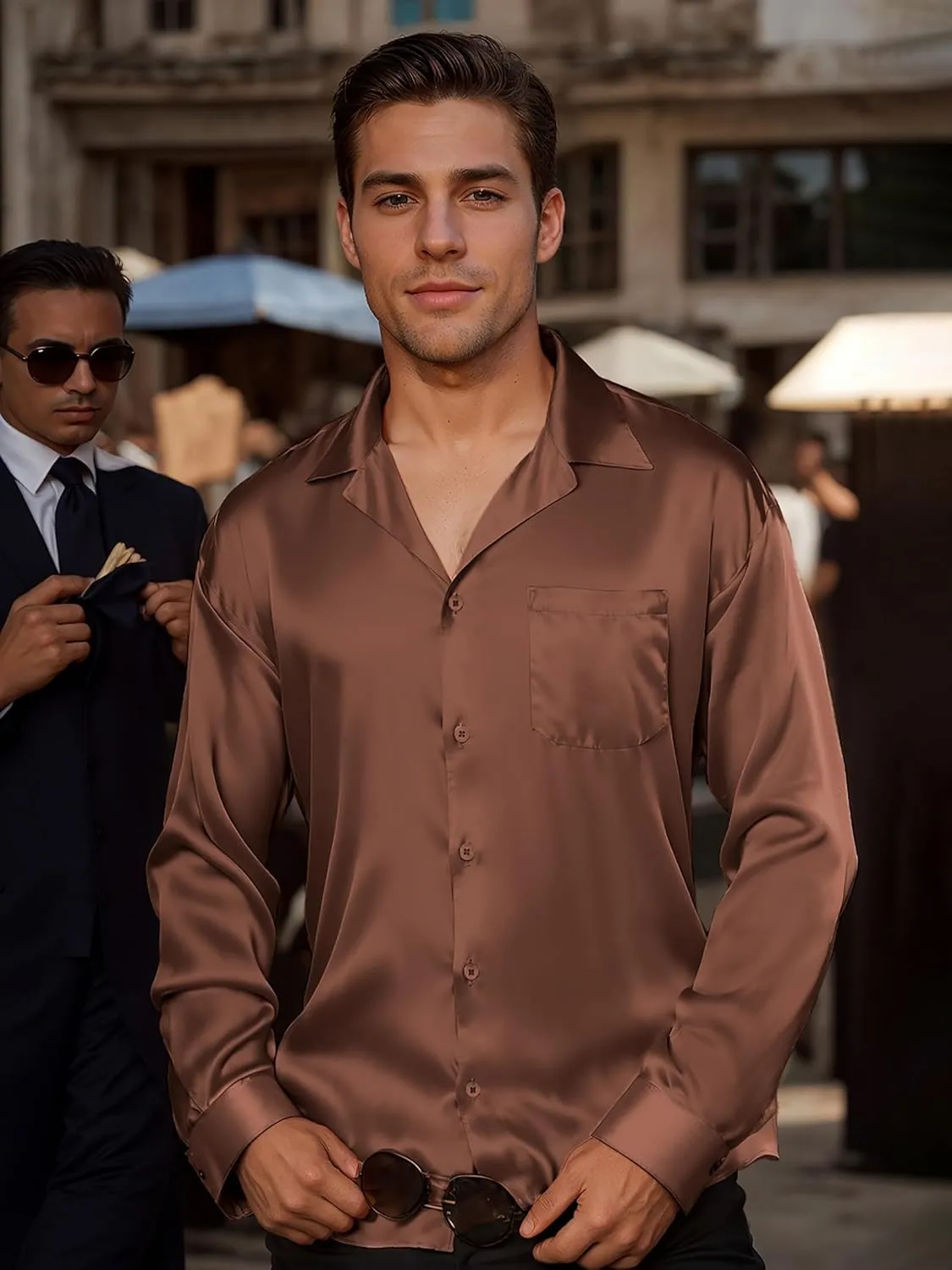 Mens Luxury Satin Silk Dress Shirts Wrinkle Free Casual Button Down Long Sleeve Shirt Prom Wedding Shirt