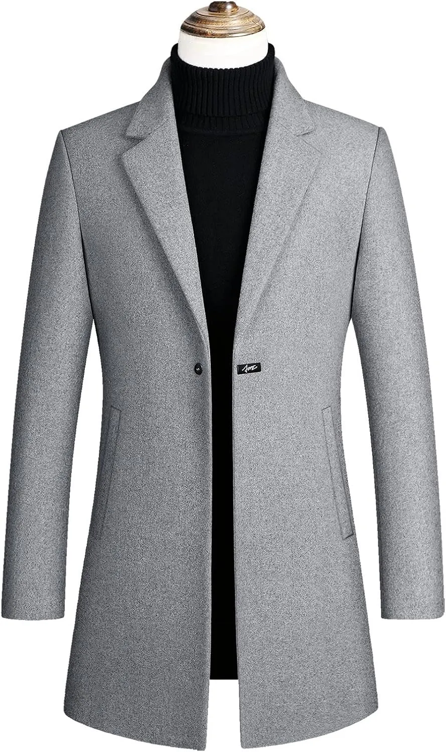 Mens Mid Length Trench Coat Big and Tall Wool Trench Coat Zip Up Pea Coat Slim Fit Lapel Jacket with Pockets