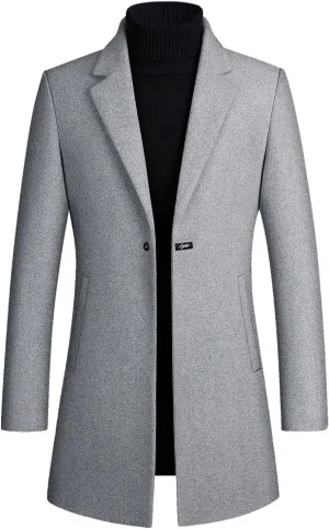 Mens Mid Length Trench Coat Big and Tall Wool Trench Coat Zip Up Pea Coat Slim Fit Lapel Jacket with Pockets