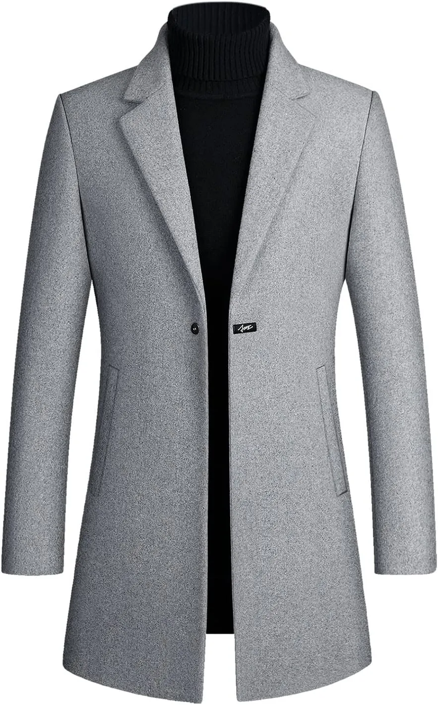 Mens Mid Length Trench Coat Big and Tall Wool Trench Coat Zip Up Pea Coat Slim Fit Lapel Jacket with Pockets