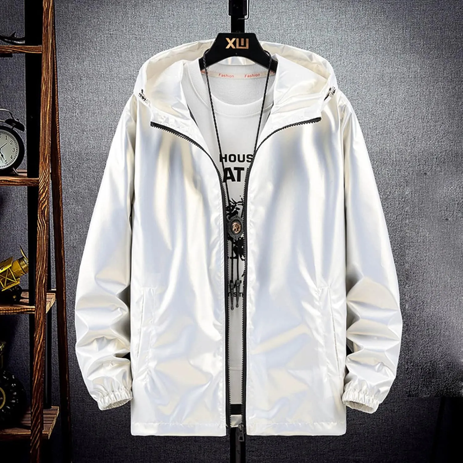 Men's Reflective Trench Jacket Windbreaker Jackets with Hood Lightweight Loose Fit Long Rain Coats Outdoor Jackets