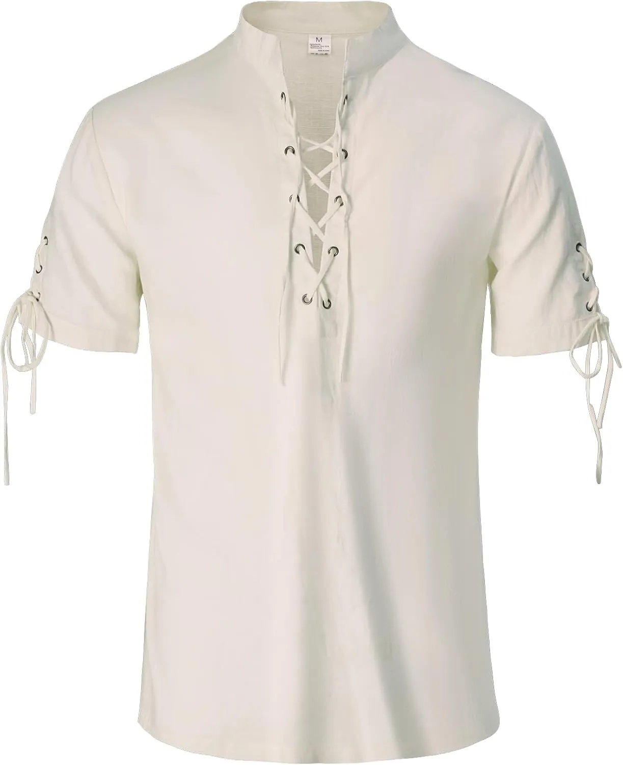 Mens Renaissance Shirt Pirate Medieval Viking Steampunk Top Lace Up V Neck Linen Short Sleeve Halloween Costume