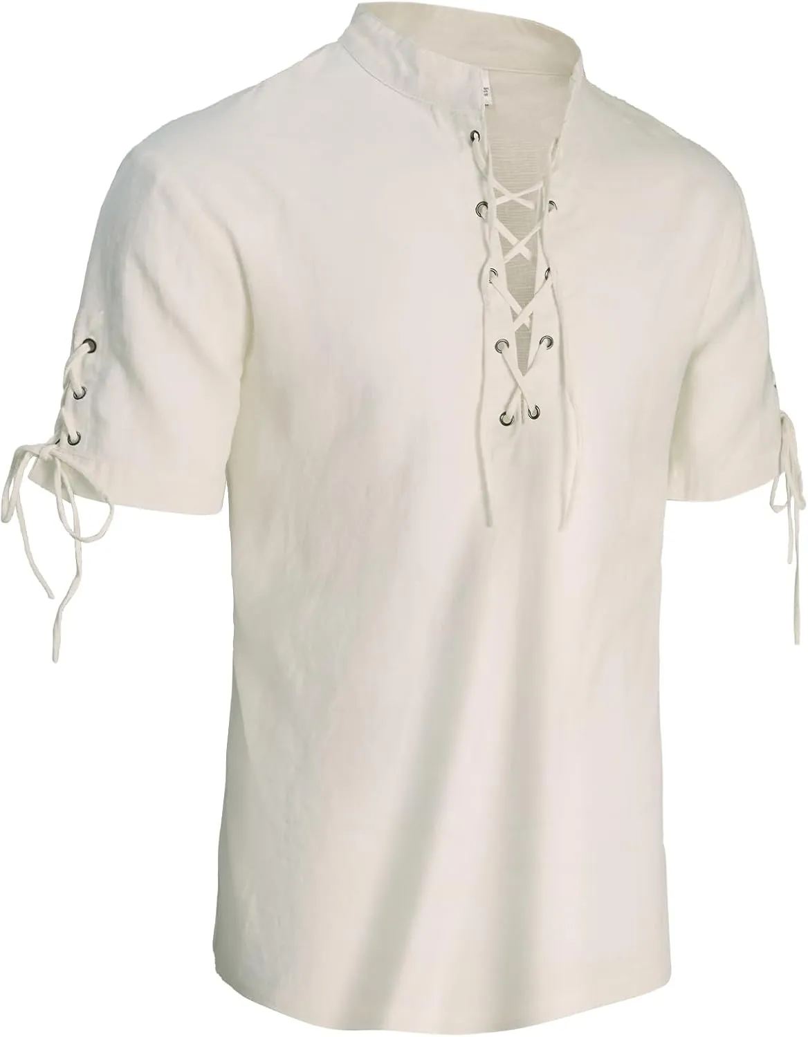 Mens Renaissance Shirt Pirate Medieval Viking Steampunk Top Lace Up V Neck Linen Short Sleeve Halloween Costume
