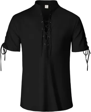 Mens Renaissance Shirt Pirate Medieval Viking Steampunk Top Lace Up V Neck Linen Short Sleeve Halloween Costume