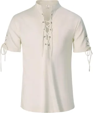 Mens Renaissance Shirt Pirate Medieval Viking Steampunk Top Lace Up V Neck Linen Short Sleeve Halloween Costume