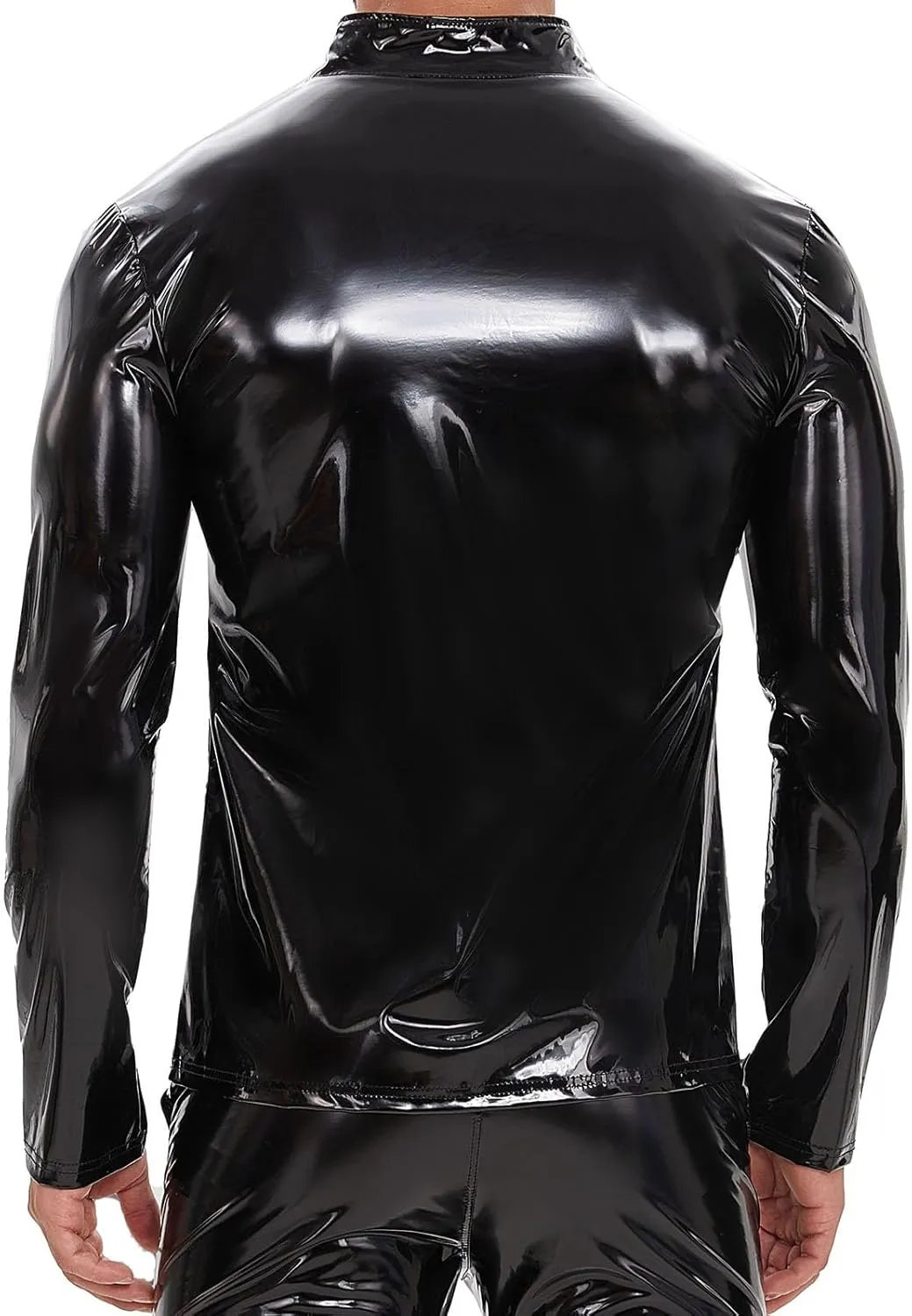 Men's Sexy Leather T-Shirt,Shiny Black Long Sleeve Shirt Wetlook Tops Latex Coat,Stand Neck