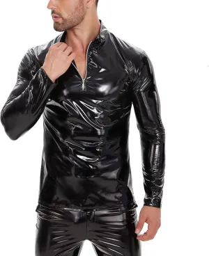 Men's Sexy Leather T-Shirt,Shiny Black Long Sleeve Shirt Wetlook Tops Latex Coat,Stand Neck