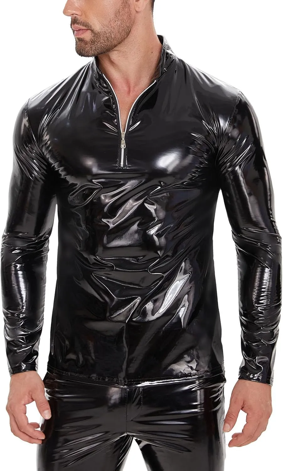 Men's Sexy Leather T-Shirt,Shiny Black Long Sleeve Shirt Wetlook Tops Latex Coat,Stand Neck