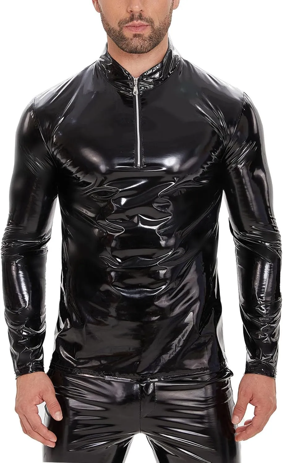 Men's Sexy Leather T-Shirt,Shiny Black Long Sleeve Shirt Wetlook Tops Latex Coat,Stand Neck