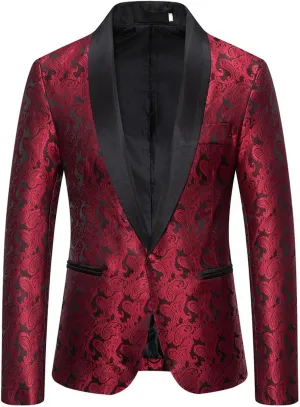 Men's Shiny Sequins Blazer Floral Suit Jacket Slim Fit Shawl Neck Stylish Tuxedo for Party, Wedding, Banquet, Prom