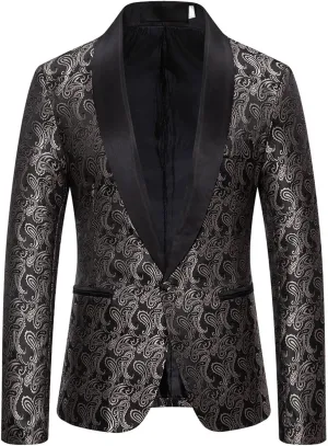 Men's Shiny Sequins Blazer Floral Suit Jacket Slim Fit Shawl Neck Stylish Tuxedo for Party, Wedding, Banquet, Prom