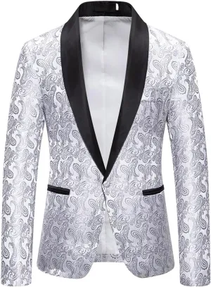 Men's Shiny Sequins Blazer Floral Suit Jacket Slim Fit Shawl Neck Stylish Tuxedo for Party, Wedding, Banquet, Prom