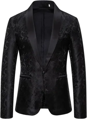 Men's Shiny Sequins Blazer Floral Suit Jacket Slim Fit Shawl Neck Stylish Tuxedo for Party, Wedding, Banquet, Prom