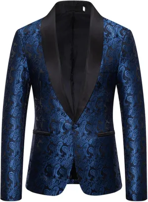 Men's Shiny Sequins Blazer Floral Suit Jacket Slim Fit Shawl Neck Stylish Tuxedo for Party, Wedding, Banquet, Prom