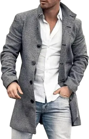 Mens Single Breasted Trench Coat Winter Wool Blend Pea Coat Oversized Warm Lapel Work Business Jacket Outerwear Coats