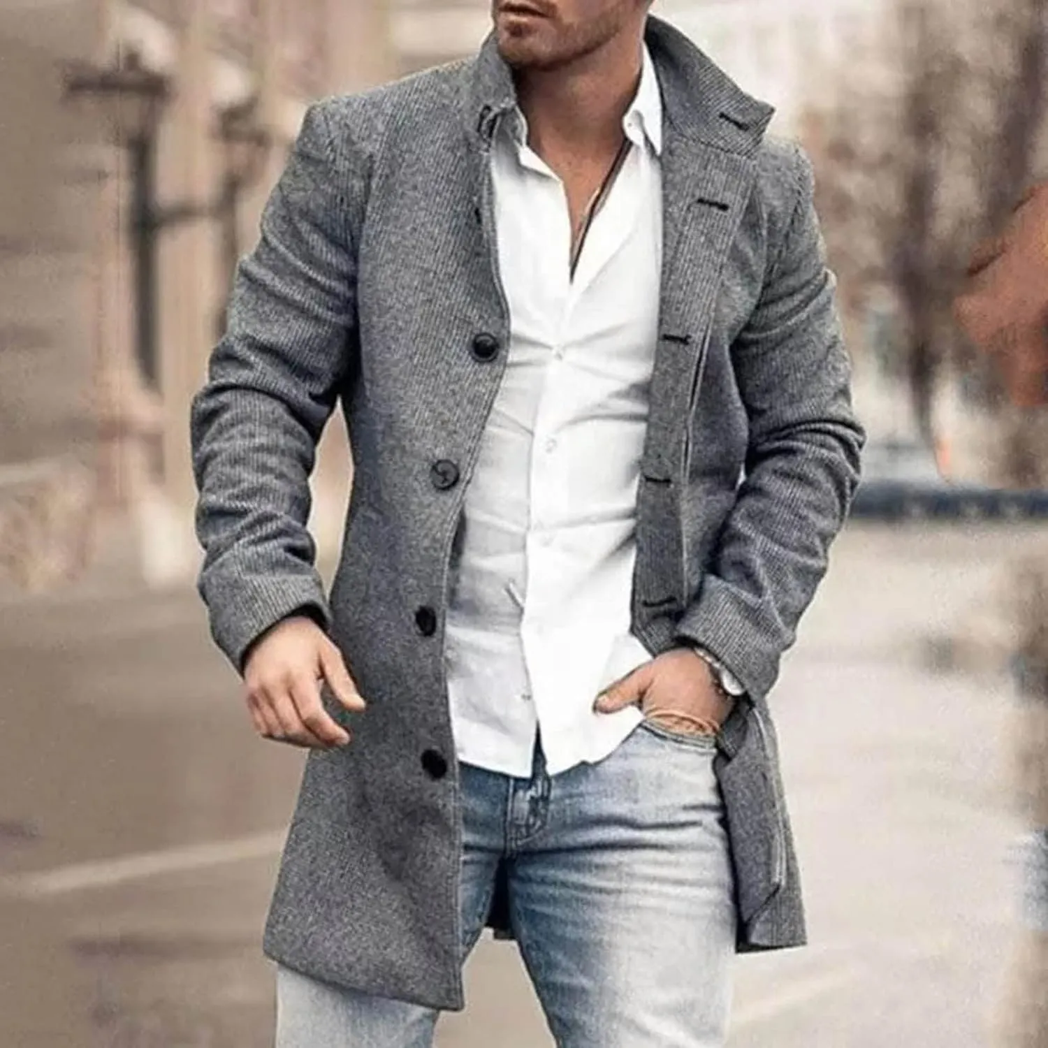 Mens Single Breasted Trench Coat Winter Wool Blend Pea Coat Oversized Warm Lapel Work Business Jacket Outerwear Coats