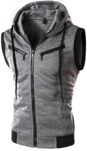 Men's Sleeveless Hoodie Vest Workout Tank Top Hooded Fitted Fall Zip Up Slimming Spring