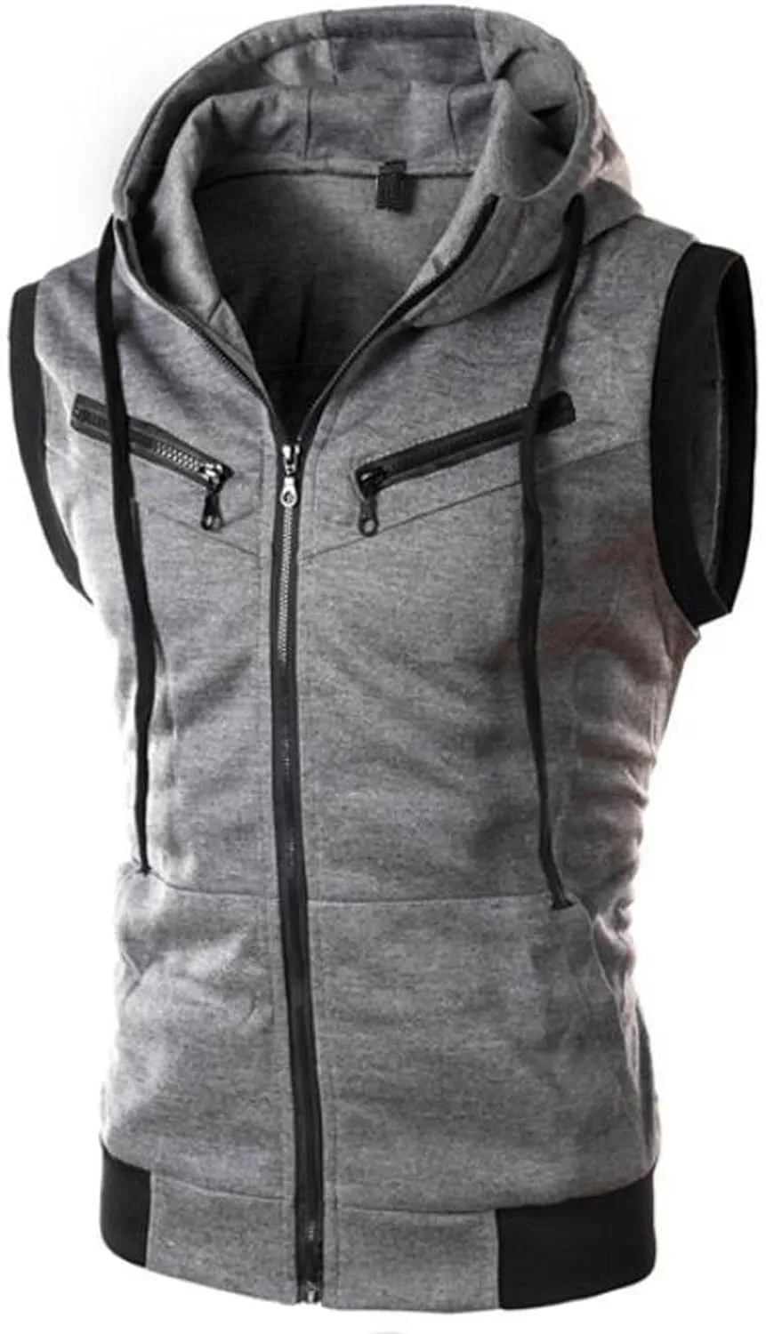 Men's Sleeveless Hoodie Vest Workout Tank Top Hooded Fitted Fall Zip Up Slimming Spring