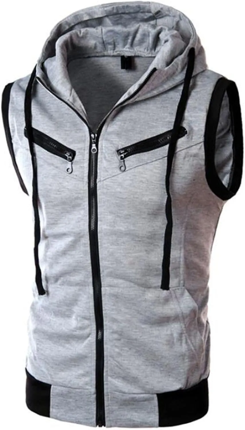Men's Sleeveless Hoodie Vest Workout Tank Top Hooded Fitted Fall Zip Up Slimming Spring
