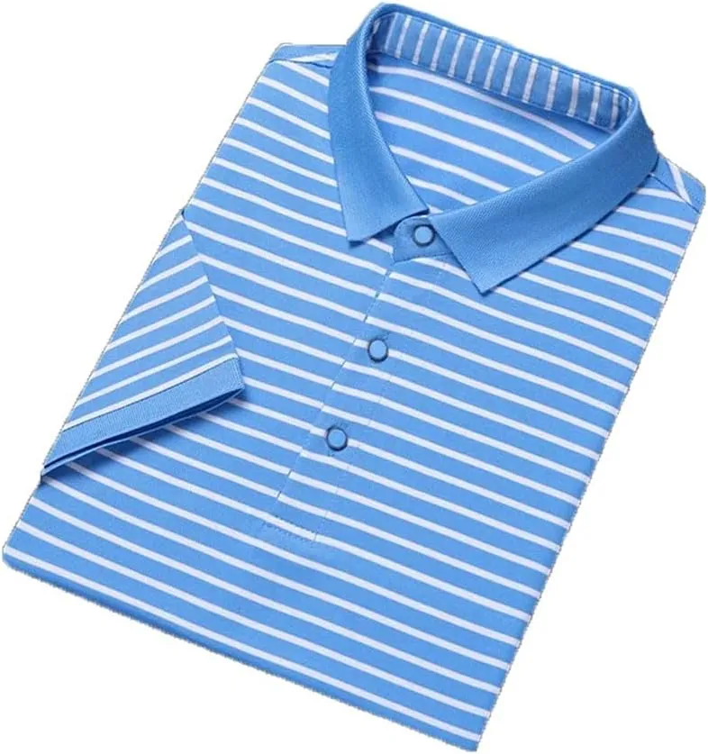 Men's Striped Cotton T-Shirt Business Casual Polo Shirt Short Sleeved Breathable Quick-Dry Tee Tops