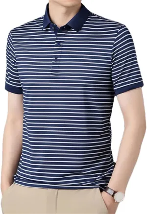 Men's Striped Cotton T-Shirt Business Casual Polo Shirt Short Sleeved Breathable Quick-Dry Tee Tops