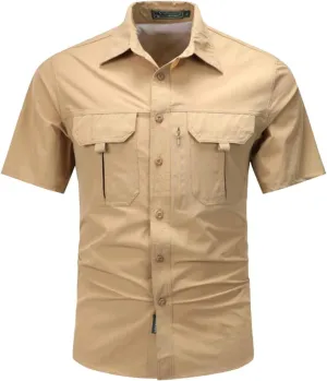 Men's Summer Short Sleeve Shirt Stretch Quick Dry Thin T-Shirt with Pocket Work Slim Button Top