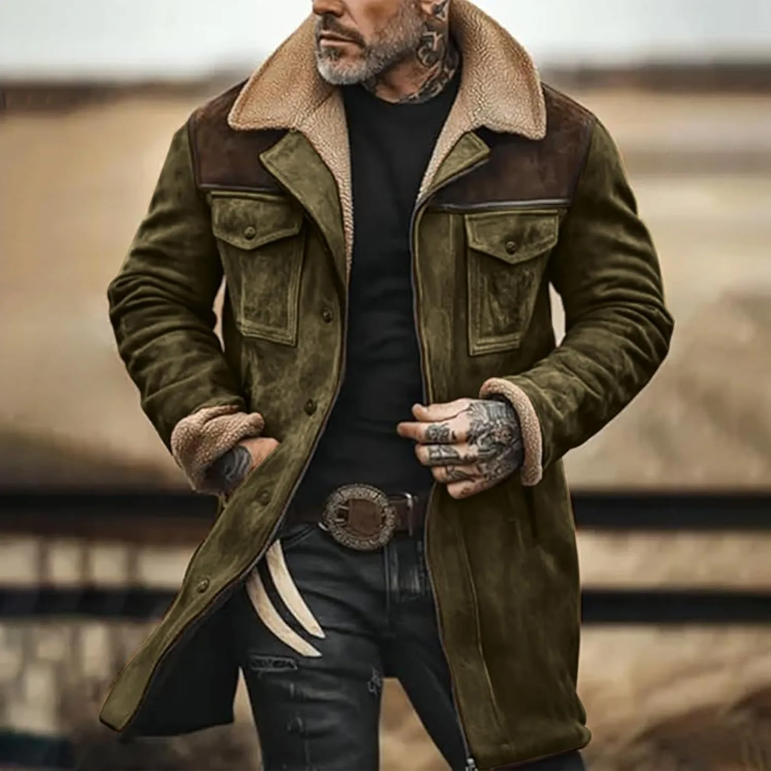 Men's Thicken Suede Jacket Handsome Retro Suede Jackets Casual Warm Multi Pocket Zip Long Sleeve Padded Coat Tops
