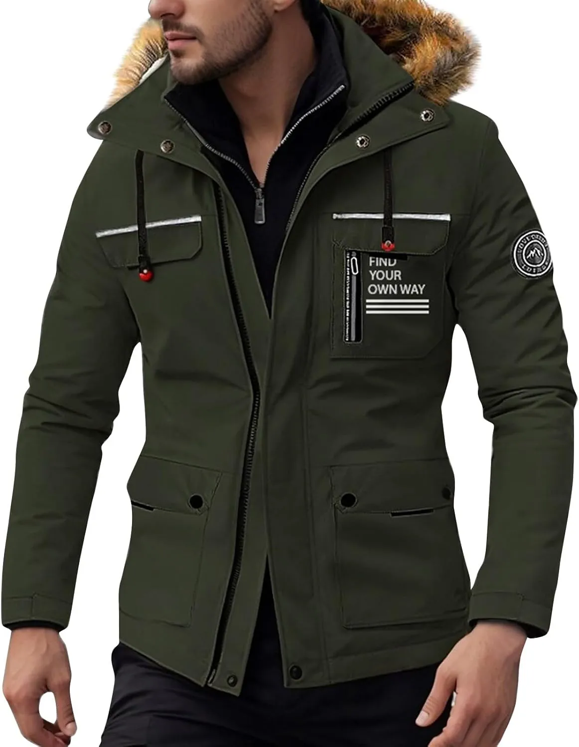 Men's Winter Solid Color Hooded Coat Waterproof Fleece Parka Thick Warm Parka Jacket with Faux Fur Removable Hood