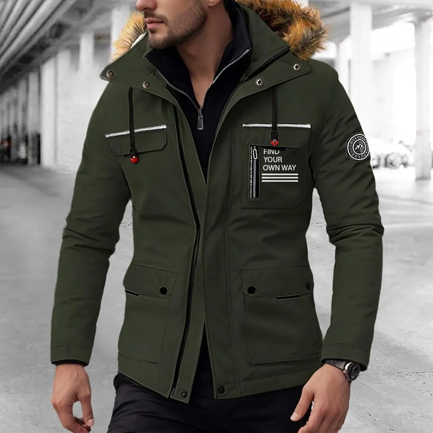Men's Winter Solid Color Hooded Coat Waterproof Fleece Parka Thick Warm Parka Jacket with Faux Fur Removable Hood
