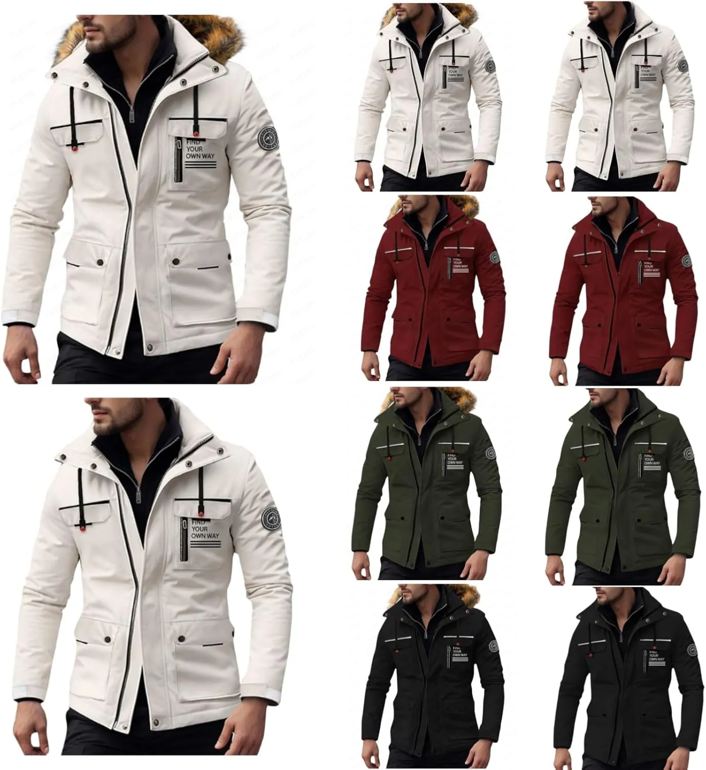 Men's Winter Solid Color Hooded Coat Waterproof Fleece Parka Thick Warm Parka Jacket with Faux Fur Removable Hood
