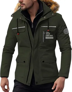 Men's Winter Solid Color Hooded Coat Waterproof Fleece Parka Thick Warm Parka Jacket with Faux Fur Removable Hood