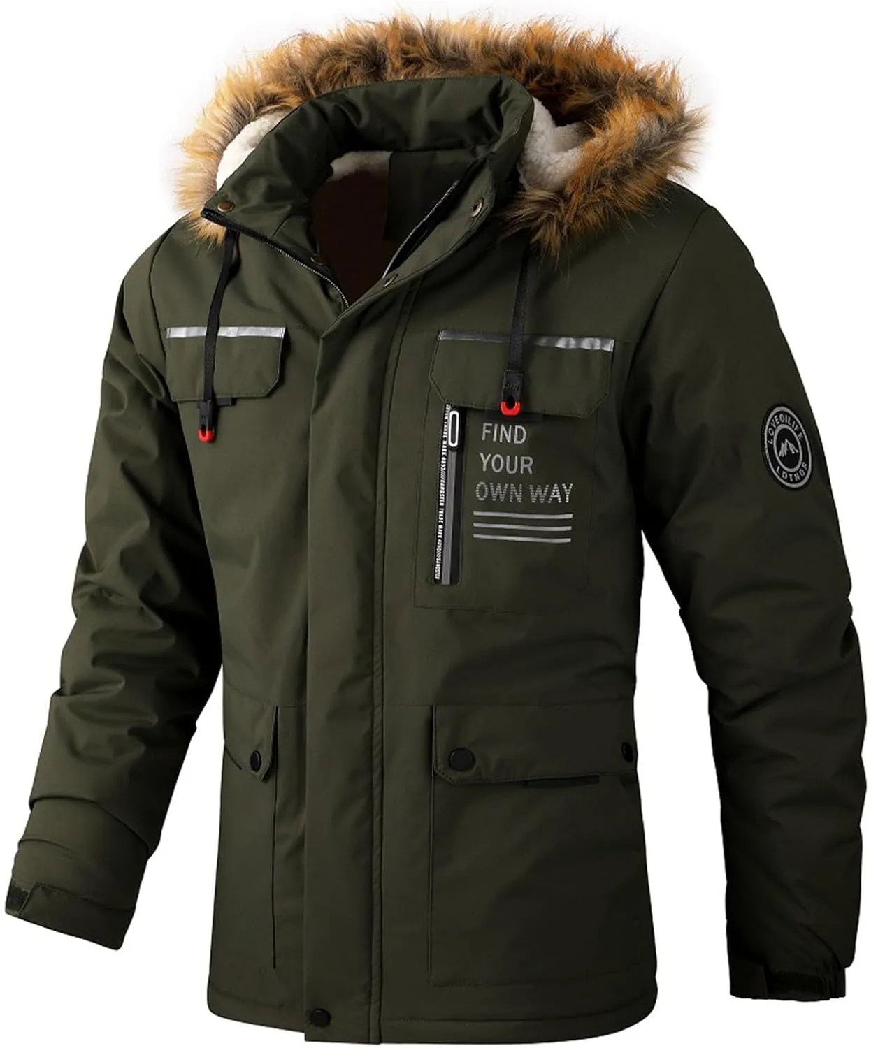 Men's Winter Solid Color Hooded Coat Waterproof Fleece Parka Thick Warm Parka Jacket with Faux Fur Removable Hood