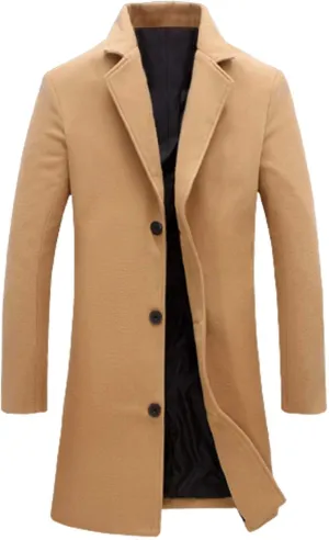 Men's Wool Blend Trench Coat Notched Lapel Collar Single Breasted Overcoat Slim Fit Warm Business Work Long Pea Coat