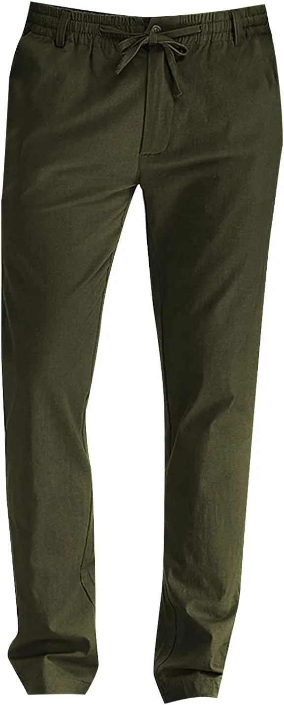 Mens Work Pants Drawstring Elastic Waist Business Casual Trousers Loose Straight Leg Summer Pull On Pants with Pocket