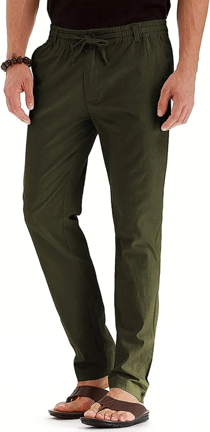 Mens Work Pants Drawstring Elastic Waist Business Casual Trousers Loose Straight Leg Summer Pull On Pants with Pocket
